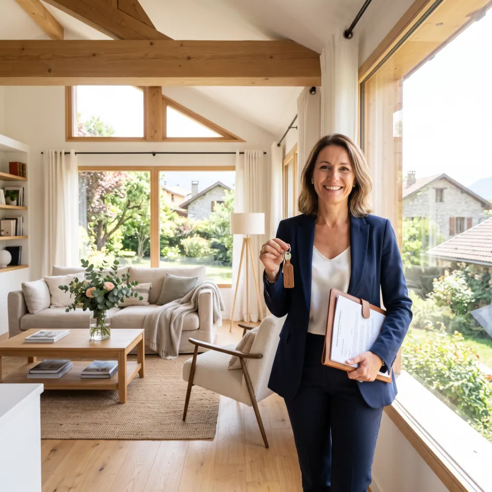 Agent immobilier remettant les clés d'une maison vendue
