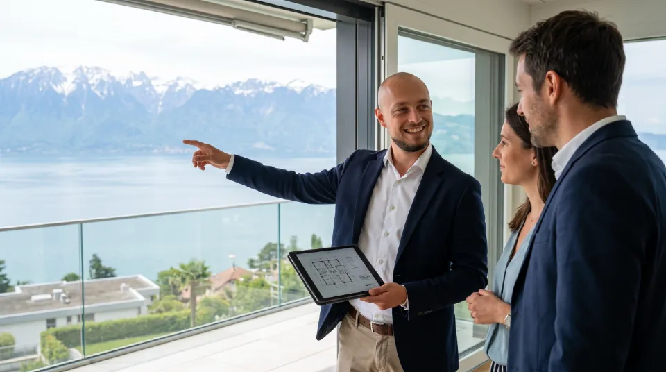 Agent immobilier présentant un plan de maison avec vue sur le lac et les montagnes