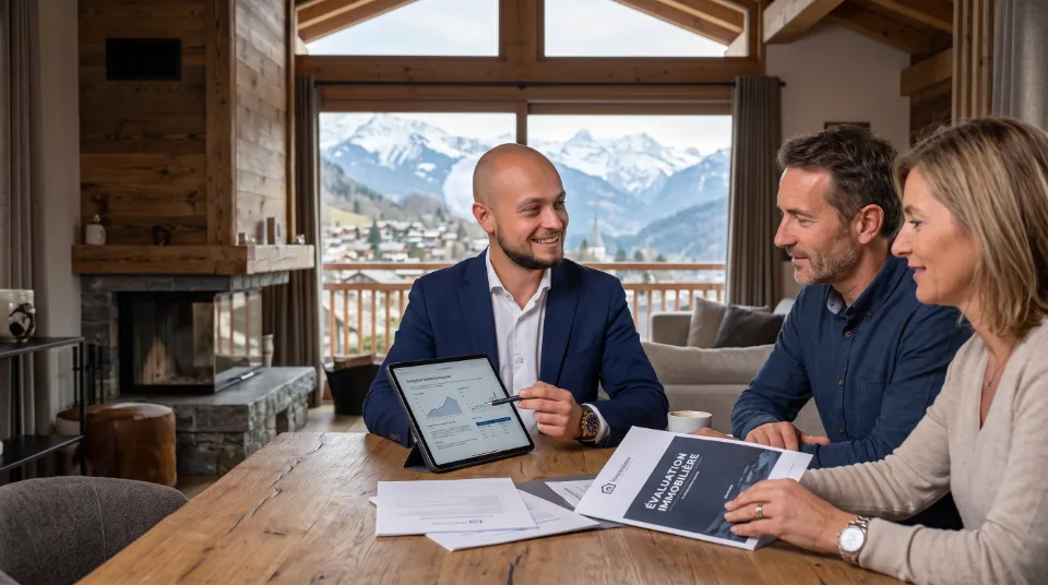 Conseiller réalisant une évaluation immobilière avec un couple à la montagne